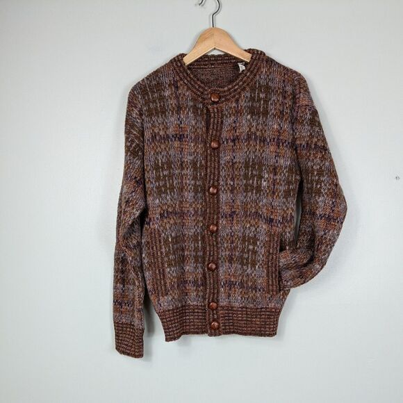 Vtg Wool Cardigan Sweater L Brown 90s Plaid Chunky Knit Button Pocket Heritage - Picture 6 of 14